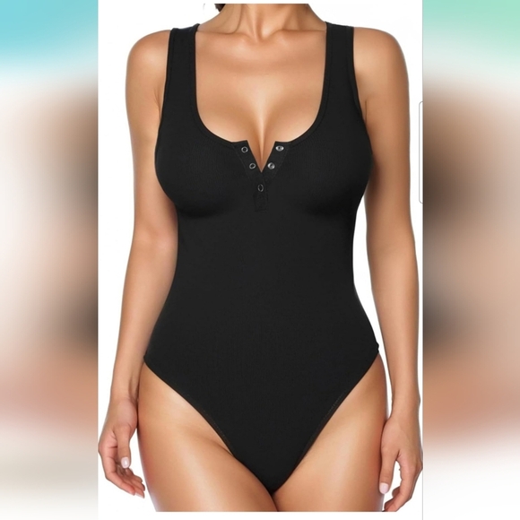 Popilush Black Button Down Sleeveless Tummy Control Tank Top Bodysuit Size 5XL - Picture 1 of 12